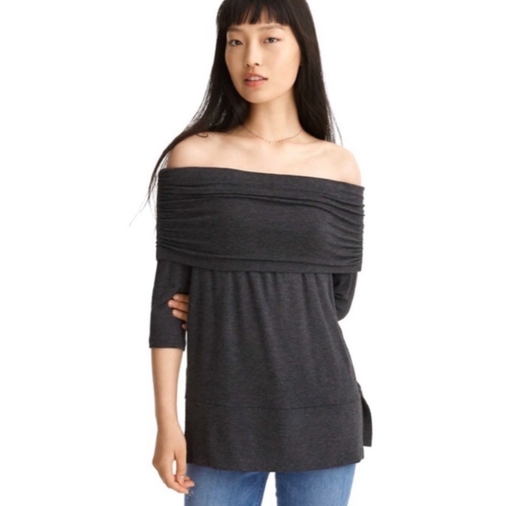 NWT Lou & Grey Signaturesoft Ruched Off Shoulder Charcoal Gray 3/4 Sleeve Top S